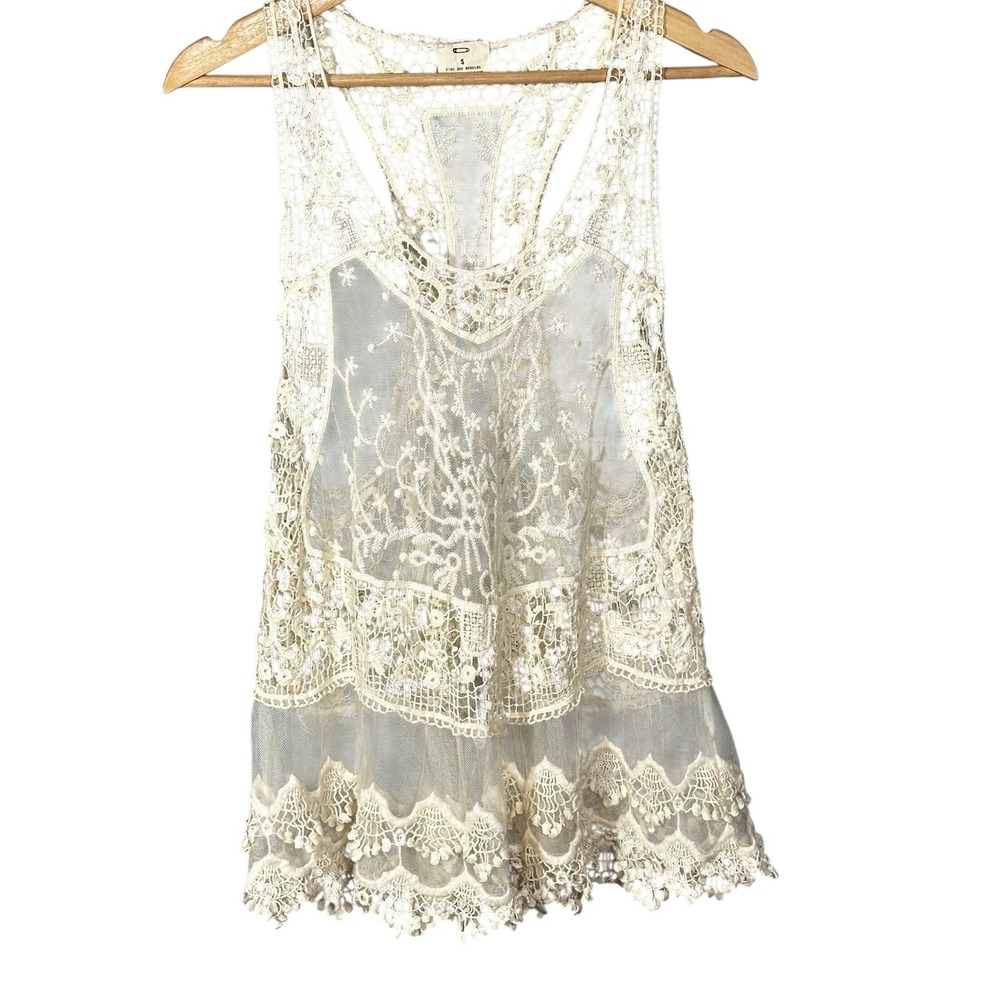 Anthropologie Pins & Needles Tank Small Ivory Lace Sheer Crochet Boho Festival - Picture 2 of 16